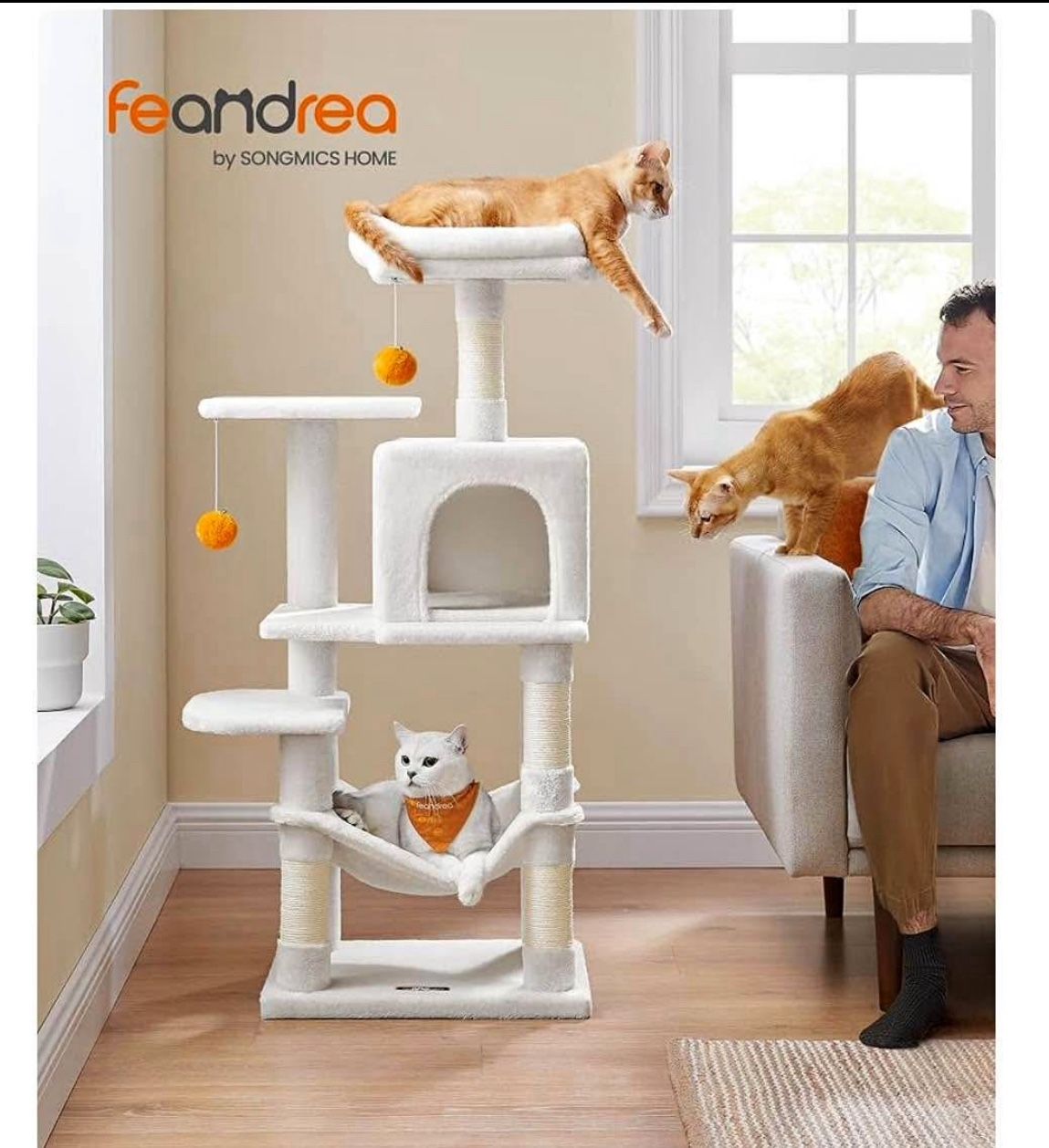 Cat Tree, 44.1-Inch Cat Tower for Indoor Cats, Multi-Level Cat Condo with 4 Scratching Posts, 2 Perches, Hammock, Cave, Cream White UPCT26