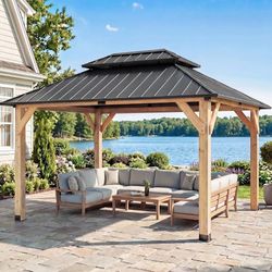 New 10' x 12' Outdoor Wood Gazebo,Metal Hardtop Gazebo Color DIY Permanent Pavilion with Galvanized Steel Double Roof for Backyard, Garden(Windproof,