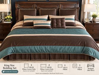 9 pieces King Size Bedding Set – Brown/Teal/Cream – Freshly Dry Cleaned