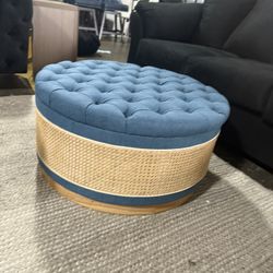 Navy Linen Tufted Rattan Round Storage Ottoman for Bedroom and Living Room