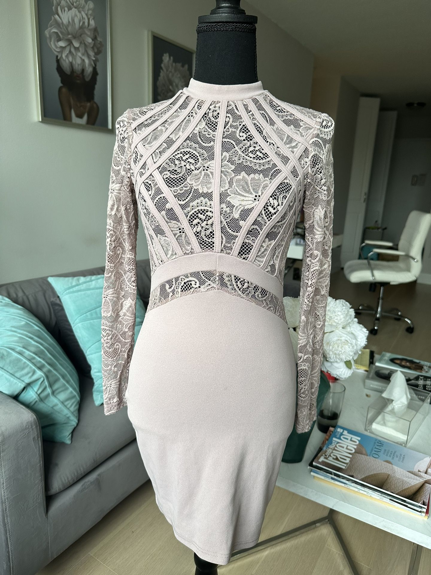 Blush pink bodycon dress with lace detail