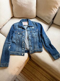 True Religion Blue Denim Jacket L Slim Fit Button World Tours