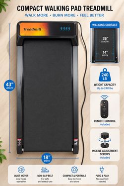 Portable Walking Pad Treadmill with Remote & Incline Adjustment – $70
