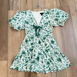 House of Harlow 1960 linen scalloped green floral mini dress