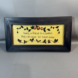 Primitive Country Cross Stitch Wood Framed Home Decor Embroidery Flowers Friend