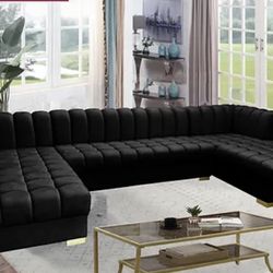 New Black Velvet Sectional Double Chaise 