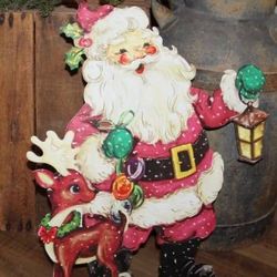 Colorful Eclectic VTG Inspired Santa & Reindeer Metal Prop Sign