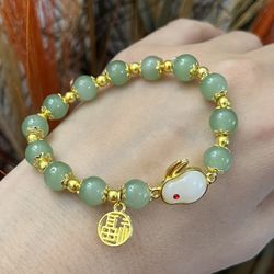 14k gold red eye Jade Benny good fortune tag green jade beads irregular chunky cuff bangle bracelet