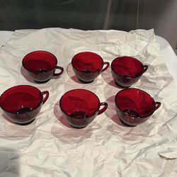 6 Vintage Red Glass Tea Cups 