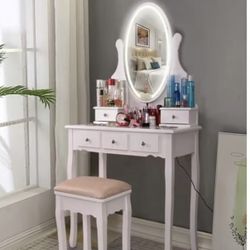 Makeup Vanity Desk and Stool Set,Mirror with Lights and 5-drawer Table Set for Bedroom