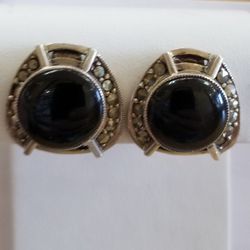 Earrings Sterling Silver Onyx And Marcasites 