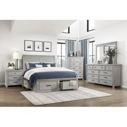 Sleek gray finish 5 pc bedroom set crafted from acacia wood features 6 drawers