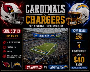 2 NFL Tickets Chargers vs Cardinals Oct 25 2026