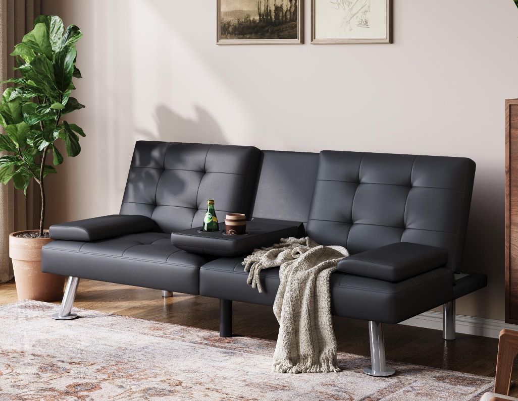 LINSY Futon Sofa Bed, Faux Leather Sleeper Sofa with Mattress and Frame, Convertible Futon Couch for Living Room, Black