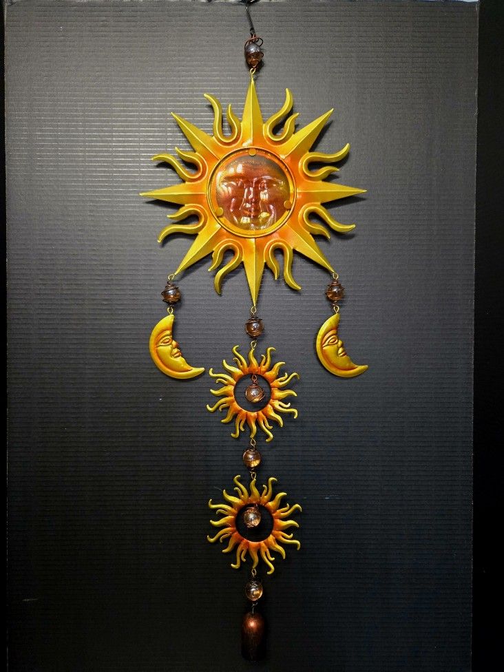 Sun & Moon Face Stained Glass Wind Chimes & Bell 36" Garden Patio Pool Balcony Home Decor