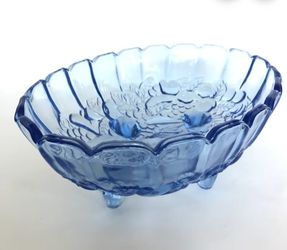 Blue Indiana Footed Glass Serving Bowl Pressed Fruit Design

