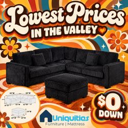 Black Corduroy Sectional Sofa with Ottoman
