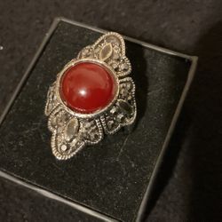 Large SilverTone Ring With Ruby Stone,onyx And Markasite Diamonds…Size 9