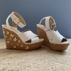 Michael Kors White Cork & Gold Butterfly Platform Strap Shoes