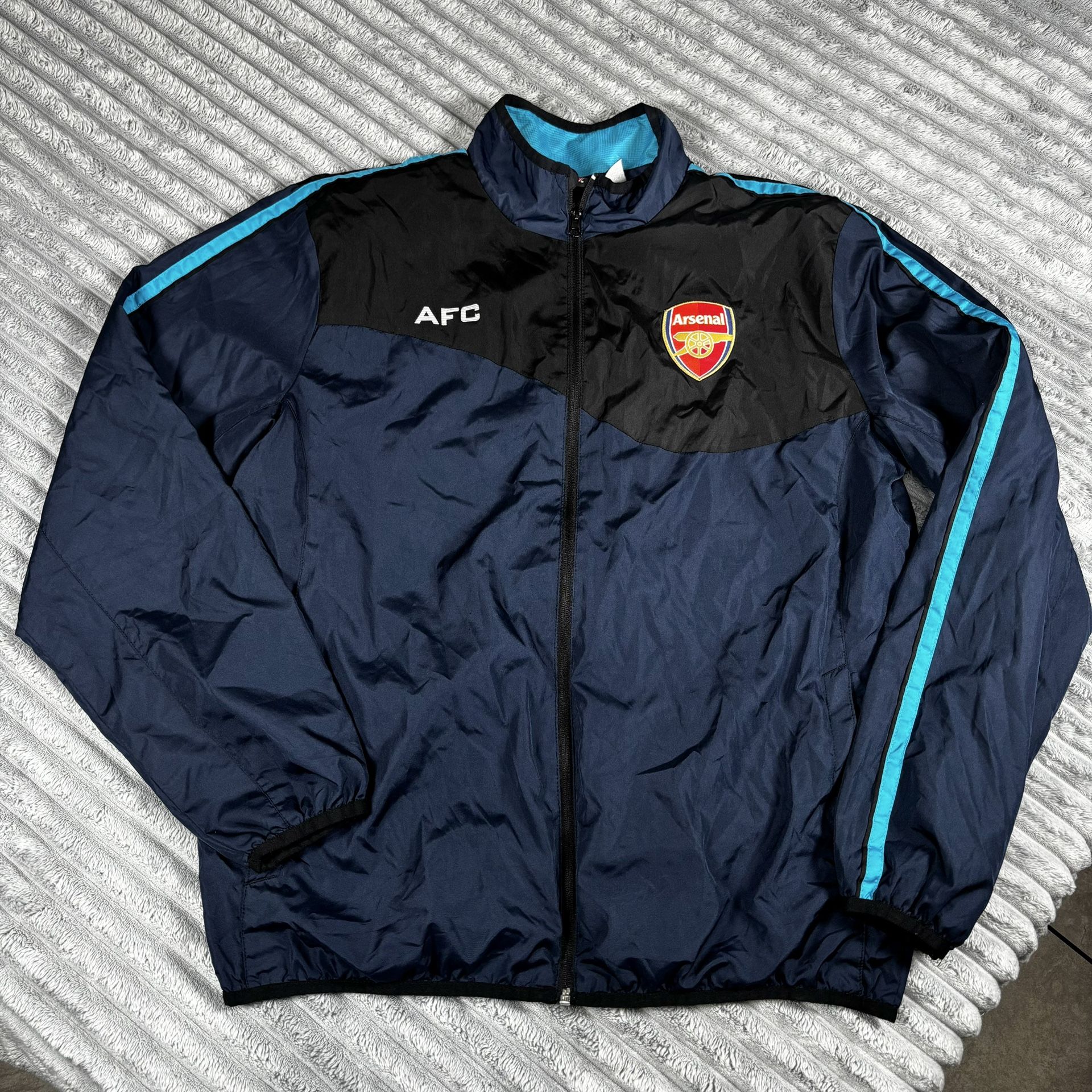 ARSENAL AFC Men’s sz L Logo Official Jacket Soccer Futbol Zip Windbreaker Black Blue 