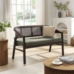 46" Curved Rubberwood Cane Loveseat w/ Green Upholstered Cushion [NEW]  <Retails for $376>**Assembly Req.  
