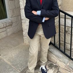 Boys Navy Blazer, Chinos And Dress Shift