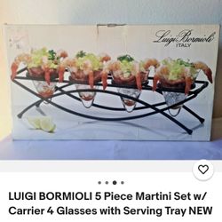 LUIGI BORMIOLI 5 Piece Martini Set w/ Carrier 4 Glasses with Serving Tray NEW