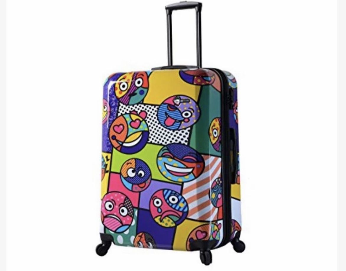 Mia Toro Emojis 28" Hardside Spinner. It has some mark, but not cracked in good shape. Clean. Retails $380