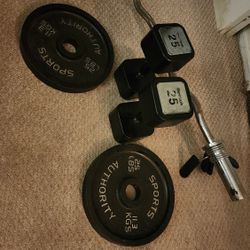 Olympic Ez curl bar With 25lb Plates & 25lb Dumbells 