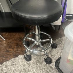 Used - Leather Round Rolling Stool with Foot Rest Swivel Height Adjustment