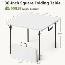36 Inch Folding Card Table, Heavy Duty Square Folding Game Table with Carrying Handle, Fold-in-Half Portable Utility Table, No Assembly, Indoor Outdoo