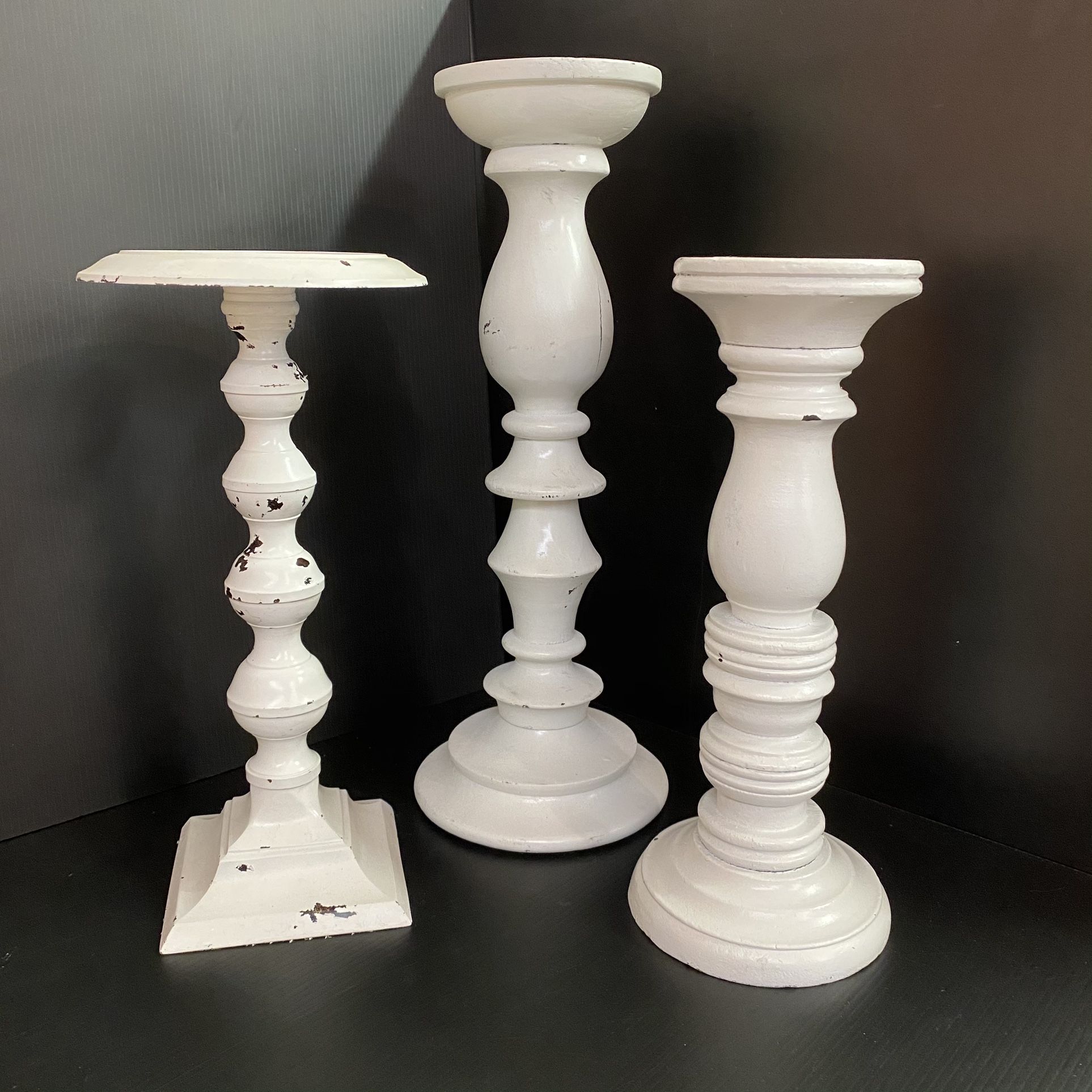 (3) White Candle Holders - 2 Wooden, 1 Metal