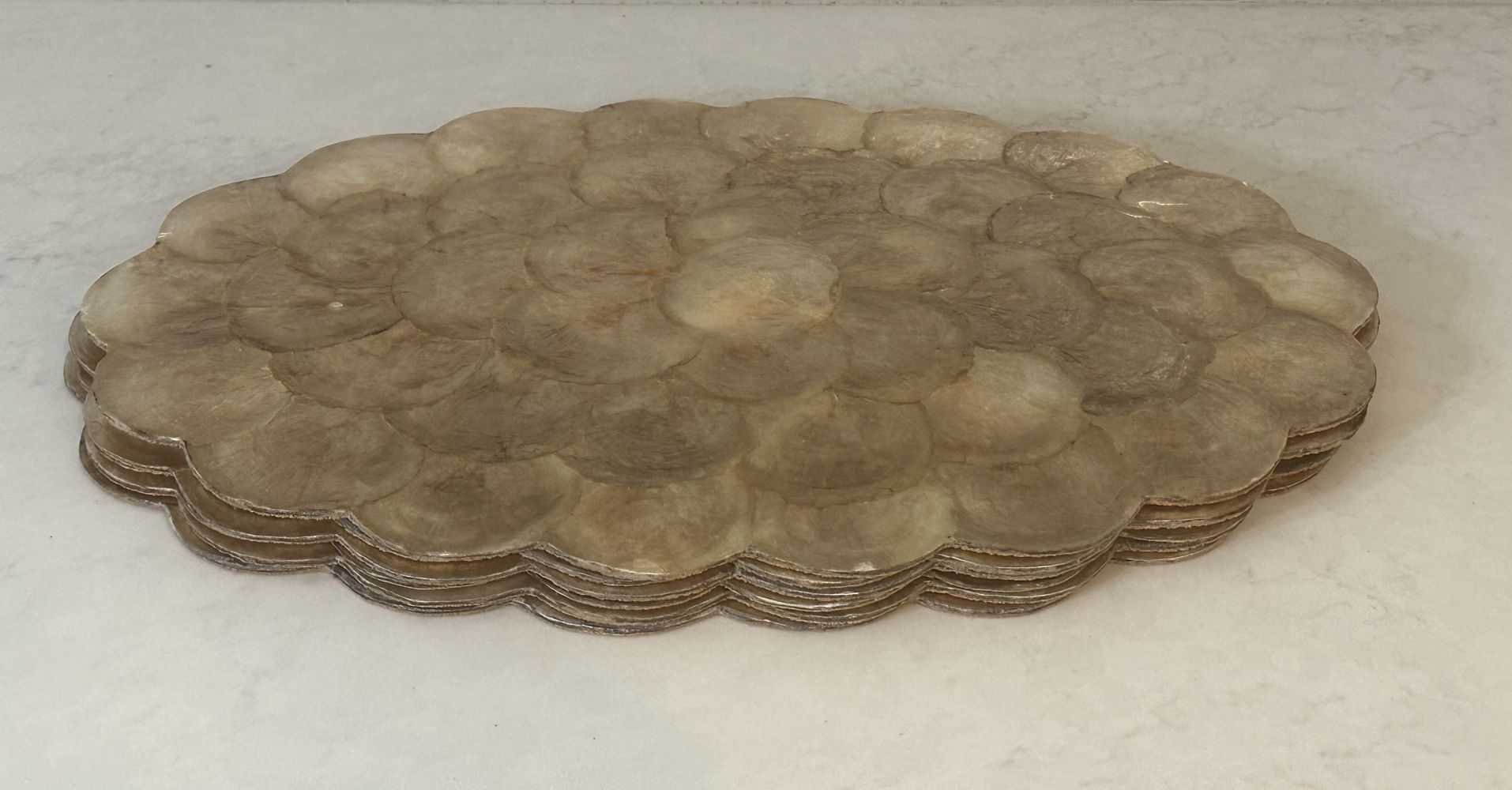 Set of 6 Vintage Capiz Shell Scalloped Cork Back Placemats 18” X 12”