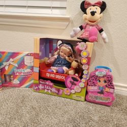 Two Of Us In The Wagon Doll,hairdorables Doll,minnie Mouse Plush,party Pop Teenies Toy And Barbie Coloring Roll 