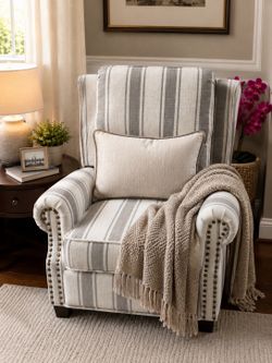 Brand new grey striped 35" W Vegan Leather/ Linen Glider Push Back Recliner Chair