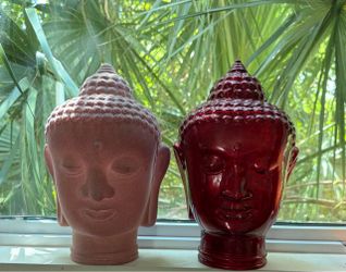 Pair of Buddha Head Statues - Red Glass and Pink Fuzzy Textured Glass