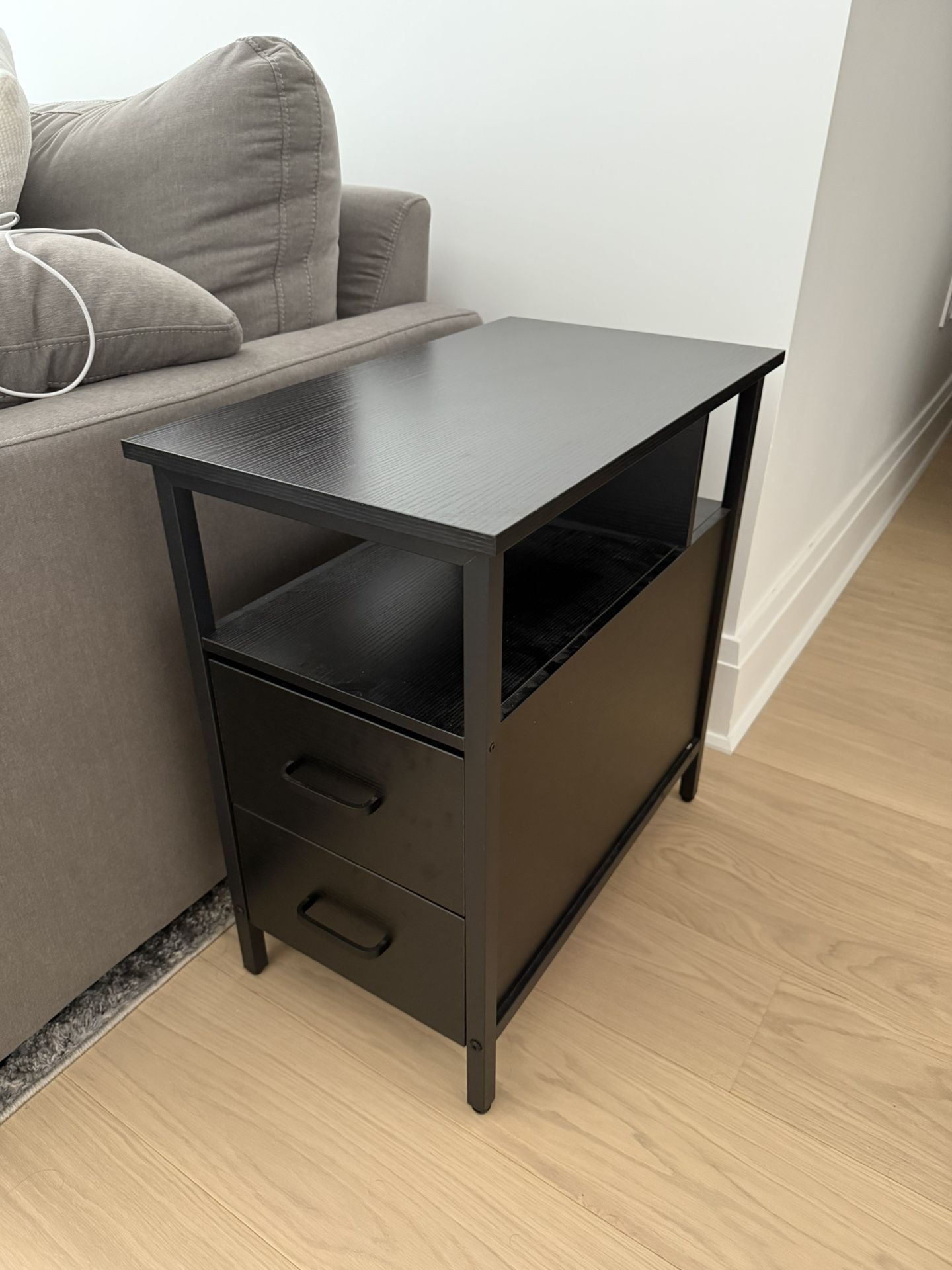 Black Side Table End Table with Charging Station and 2 Wooden Drawers, USB Port