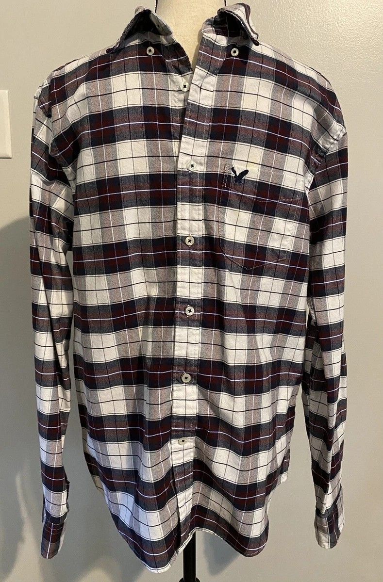 American Eagle Mens Plaid Dress Shirt Maroon Black White Classic Fit Medium M Botton Down top