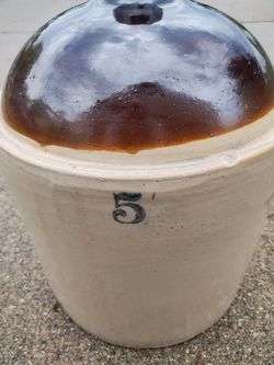 Vintage Antique Two Tone Stoneware Crock Whiskey Jug with Handle - 5 gallon