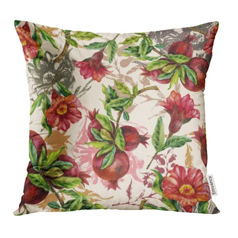 Green Maroon Watercolor Hand Painting with Pomegranate Branches Red Beautiful Pillowcase Cushion Cover 18x18 inch