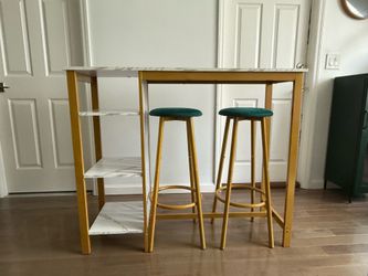 Recaceik 3-Piece Gold Bar Table Set w/ Storage Shelves & 2 Stools — Great Condition