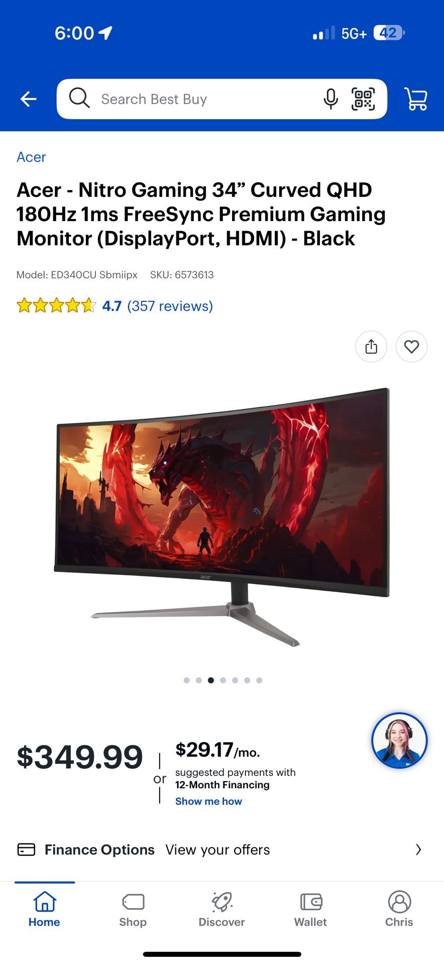 Acer - Nitro Gaming 34" Curved QHD 180Hz 1ms FreeSync Premium Gaming Monitor (DisplayPort, HDMI) - Black