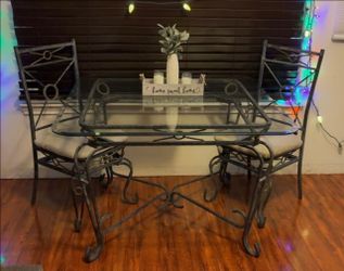 Glass Top Wrought Iron Dining Table with 2 Chairs