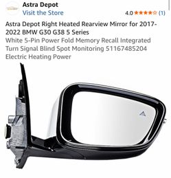 Astra Depot Right Heated Rearview Mirror for 2017-2022 BMW G30 G38 5 Series White 5-Pin Power Fold Memory Recall Integrated Turn Signal Blind Spot Mon