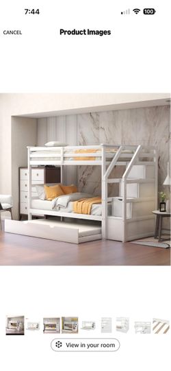 White Wood Bunk Bed with Trundle and Stairs