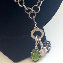 Vintage 34" Brushed Nickel Chain Link Necklace with Green Stone Pendant, Heart and Flower Charm Pendants. Excellent condition. Makes a great holiday C
