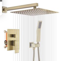 Brush gold shower set with 10” square rain shower head and handheld  