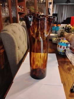 Mid Century amber glass cylindrical vase fluted top 14"