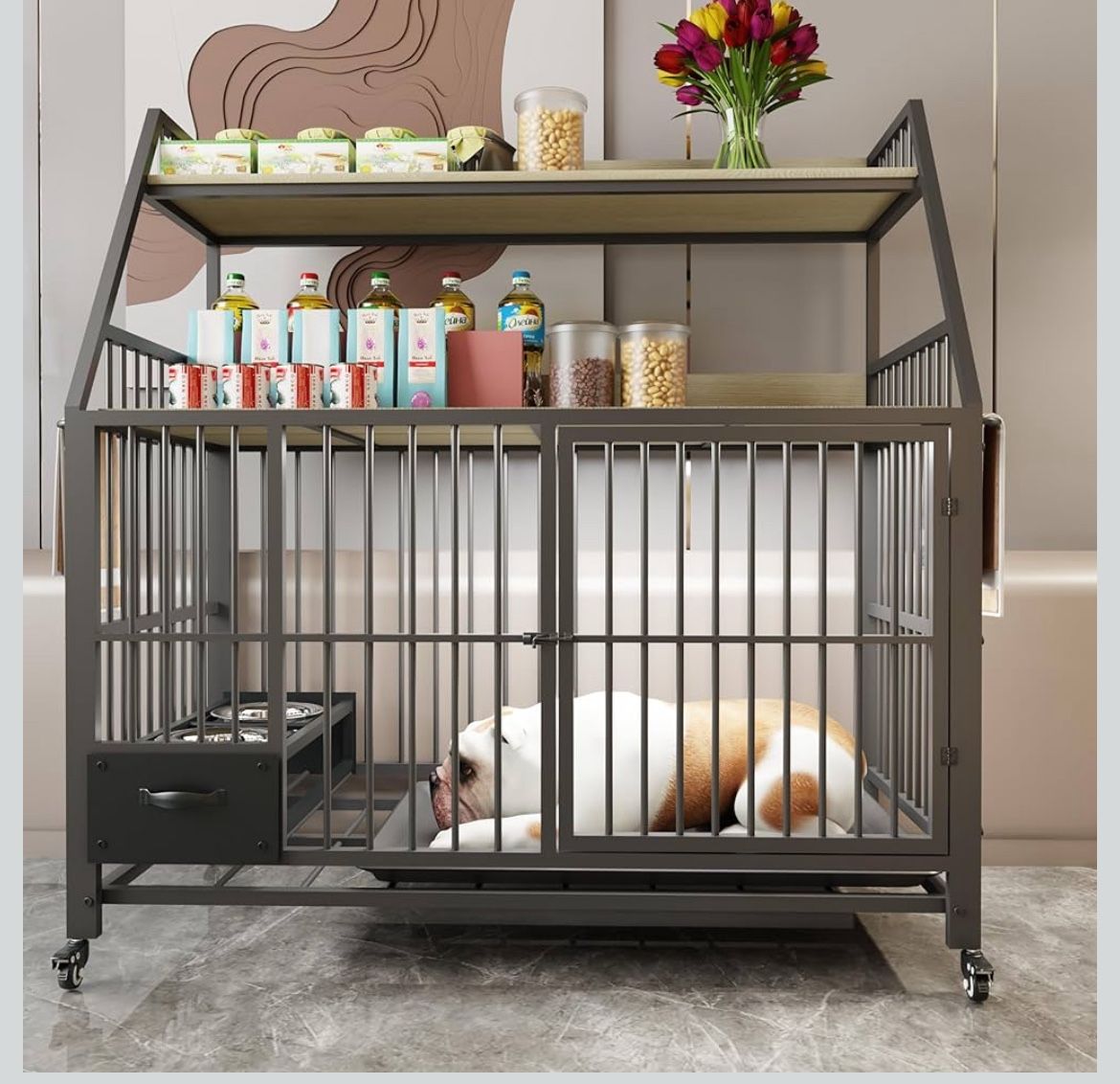 Large Heavy Duty Dog Crate with Storage Rack