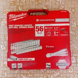 MILWAUKEE 56 PC. 3/8" METRIC & SAE RATCHET AND SOCKETS WITH FOUR FLAT SIDES.